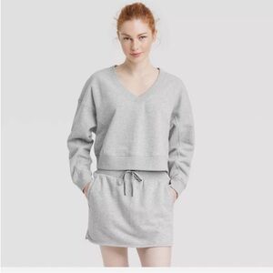 JoyLab French Terry V Neck Cropped Loose Fit Solid Gray Sweatshirt